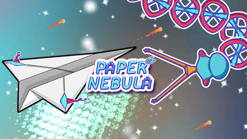 Paper Nebula image and logo. Paper plane fighting alien ship comprised of stickers.